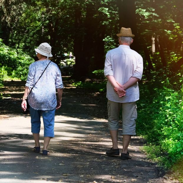 Pareja mayor caminando por un sendero rodeado de plantas