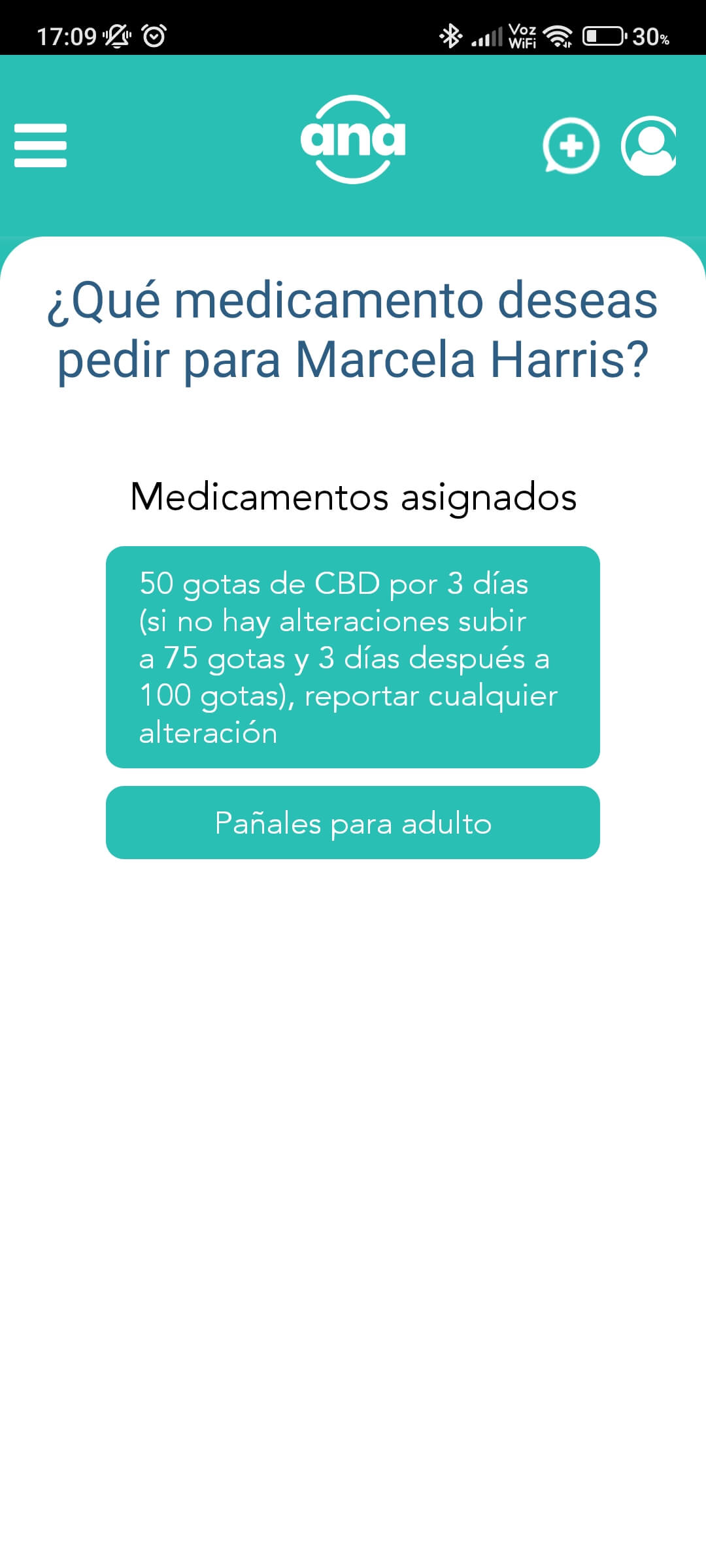 Captura de pantalla aplicación movil ANA con una solicitud de medicamentos